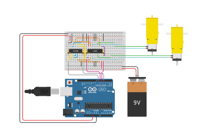 Circuit design Control 2 DC GearMotor / H-Bridge L293D - Tinkercad