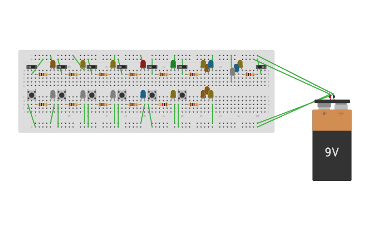 Circuit design Reporte TinkerCad Práctica #4.- 10 LEDs paralelo y 9 ...