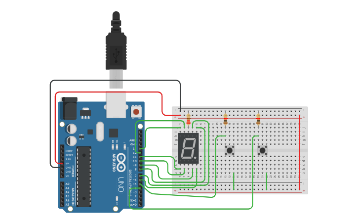 Circuit design 7 segment display + Buttons - Tinkercad