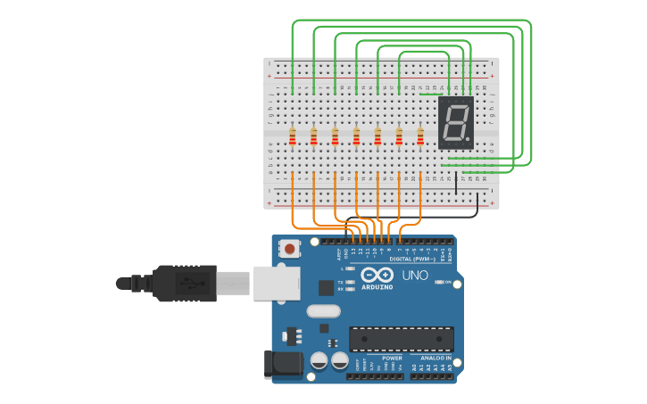 Circuit design LED a 7 segmenti - Tinkercad