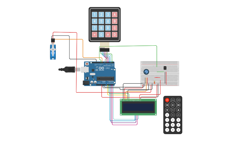 Circuit design Keypad and IR remote Door lock system - Tinkercad
