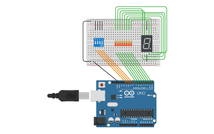 Circuit design Binary from switch to 7 segment display - Tinkercad