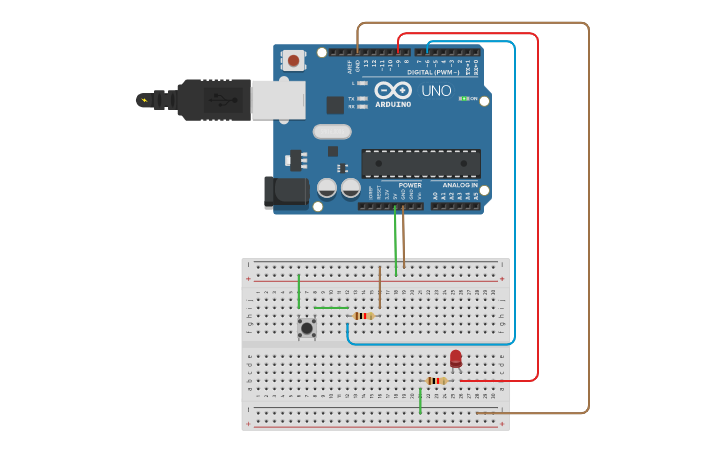 Circuit design Pushbutton controlled LED - Tinkercad
