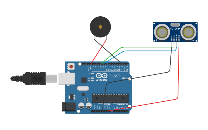 Circuit design ultrasonic with buzzer - Tinkercad
