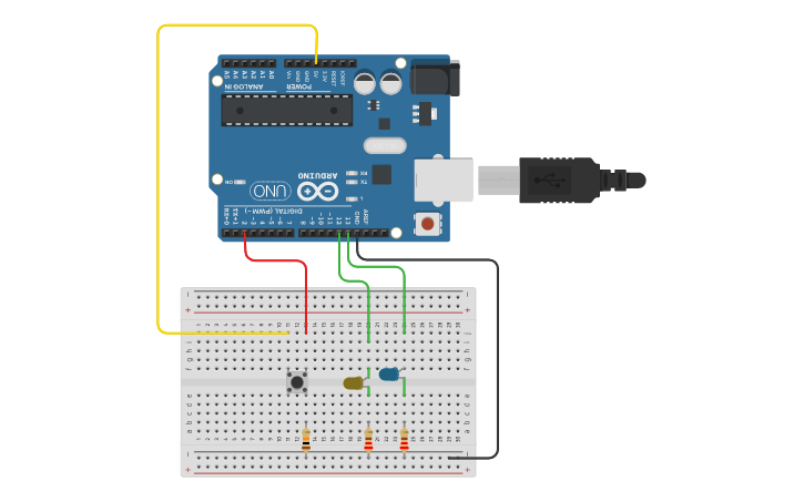 Circuit design pulsador y leds - Tinkercad