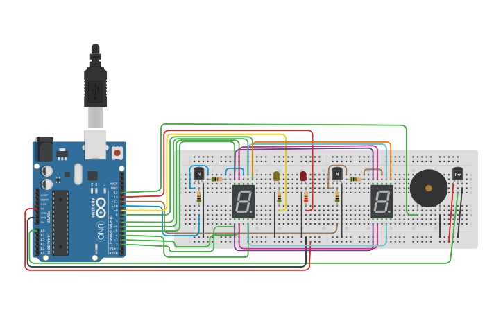 Circuit design 2 digits, 7 segments temperature display out - Tinkercad