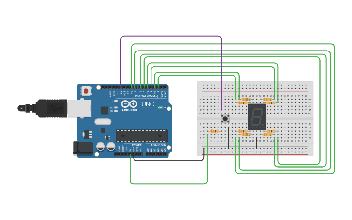 Circuit design Button with 7 Segments Display. - Tinkercad
