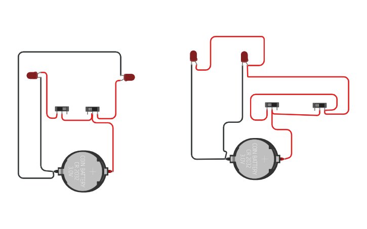 Circuit design dois leds 2 interruptores - Tinkercad
