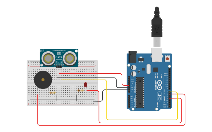 Circuit design Arduino Sonar sensor, LED, Piezo - Tinkercad