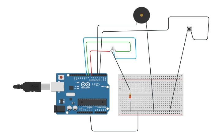 Circuit design rgb led using push button and buzzer - Tinkercad