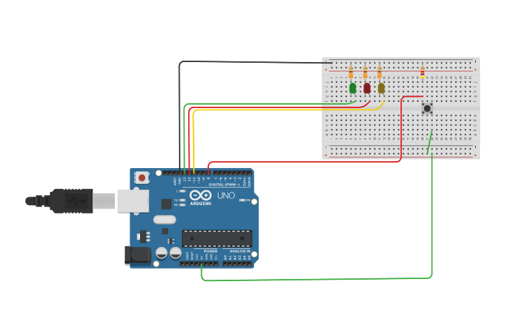 Circuit design Básico con 3 LED montados y pulsador (pull down) - Tinkercad