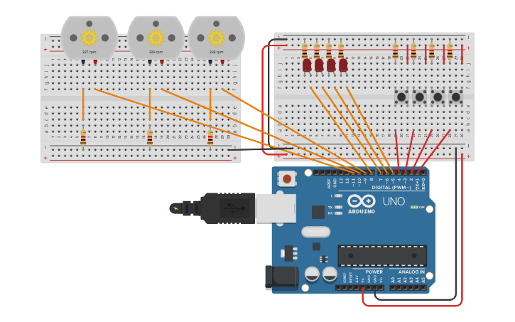 Circuit design funciones 2: Motores, LED y Pulsadores - Tinkercad