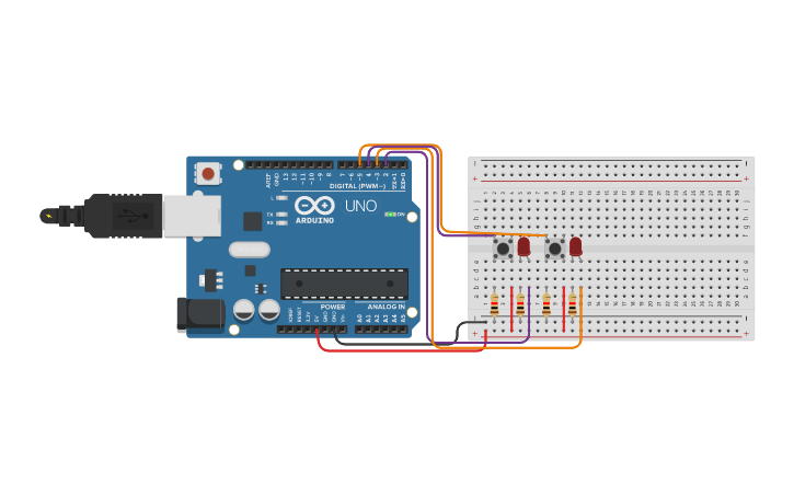 Circuit design Multiple push button and LED - Tinkercad