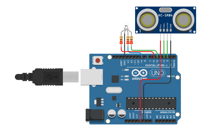 Circuit design Distance sensor on RGB Led - Tinkercad