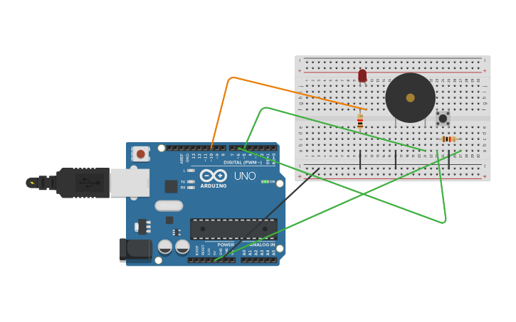 Circuit design Resistencia, pulsador, LED y zumbador - Tinkercad