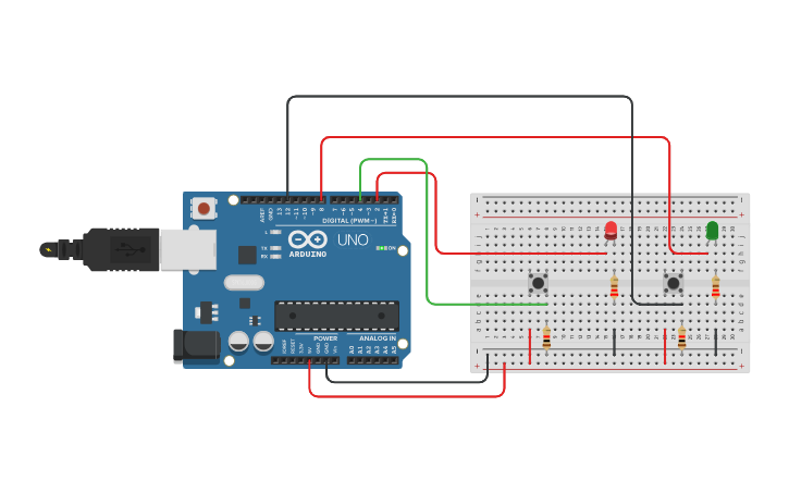 Circuit design 2 pulsador + 2 led - Tinkercad