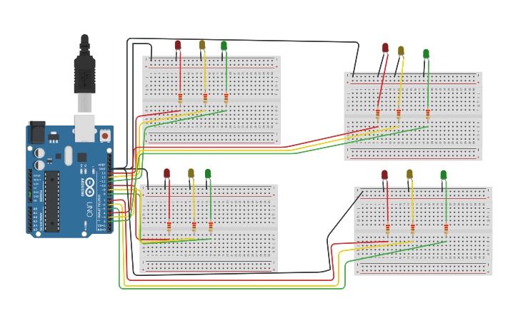 Circuit design Traffic light controlling system. - Tinkercad