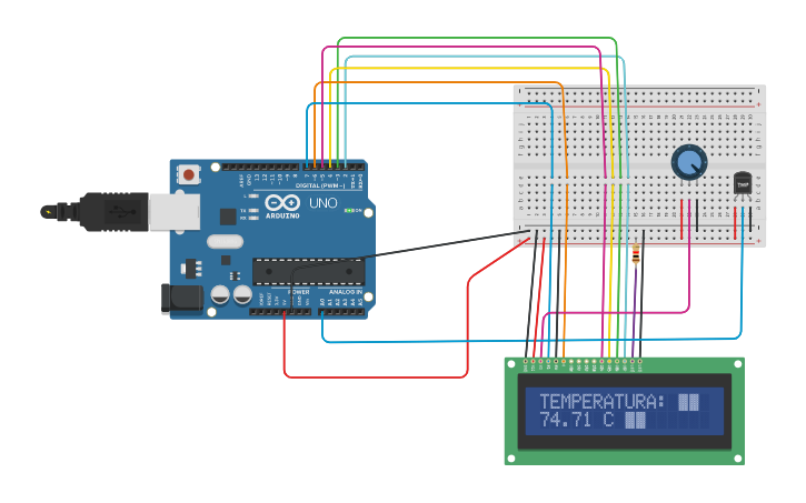 Circuit design SENSOR DE TEMPERATURA CON PANTALLA - Tinkercad