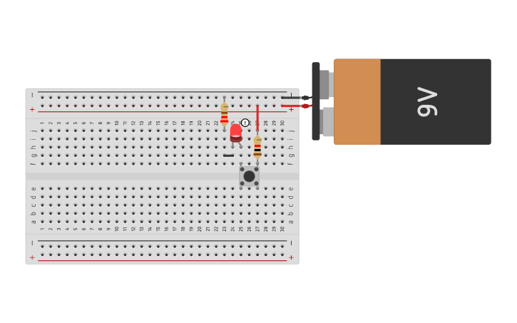 Circuit design led con pulsador y bateria de 9v - Tinkercad