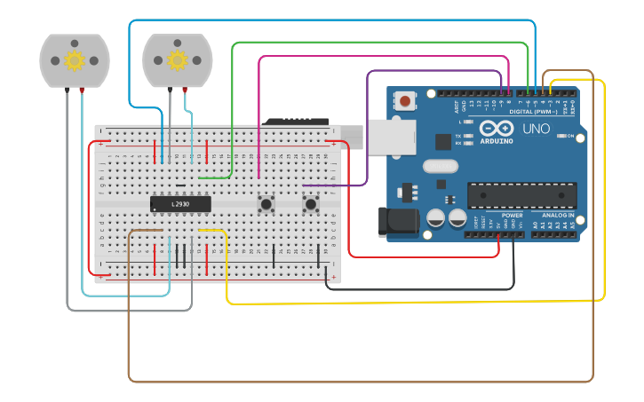 Circuit design Control de dos motores con 2 Pulsadores - Tinkercad