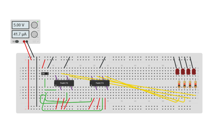 Circuit design 4 bit Asynchronous binary up counter - Tinkercad