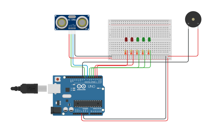 Circuit design Ultrasonic distance sensor with buzzer. - Tinkercad