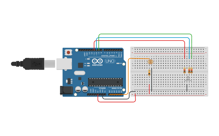 Circuit design RGB LED and Photoresistor - Tinkercad