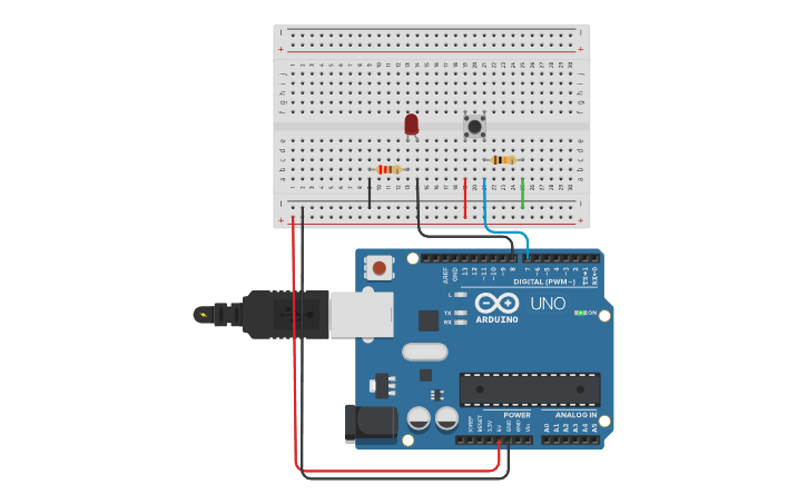 Circuit design conectar un LED con un pulsador y un delay - Tinkercad