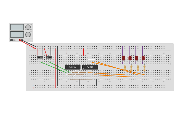 Circuit design 2 to 4 line decoder - Tinkercad