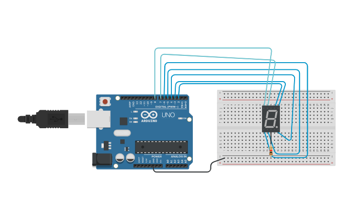 Circuit design 7 segment display For Loop - Tinkercad