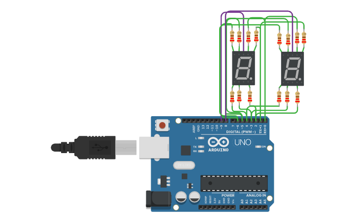 Circuit design Two 7 segment displays - Tinkercad