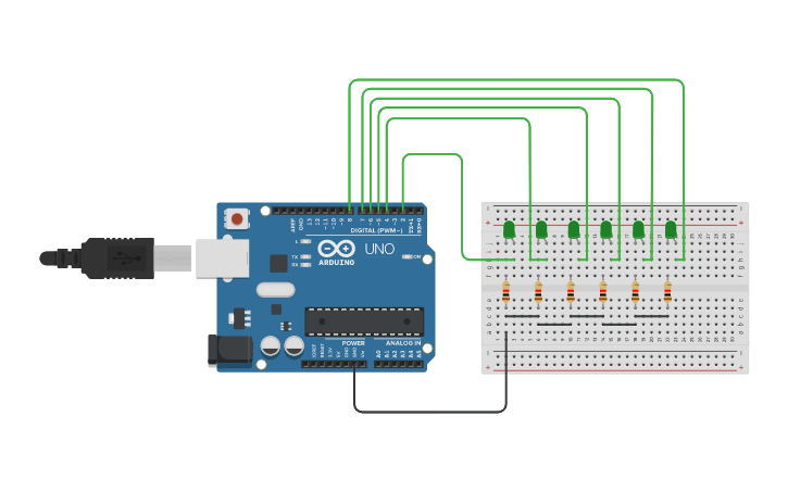 Circuit design Percobaan 3 LED Berjalan (Running LED) - Tinkercad
