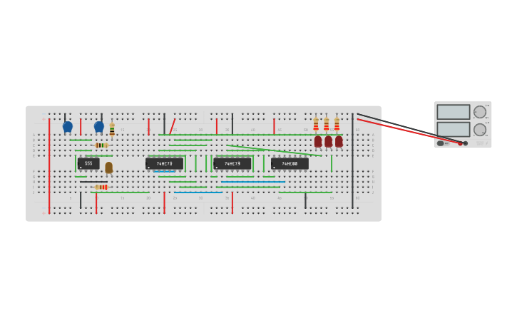 Circuit design Mod 6 ripple counter - Tinkercad