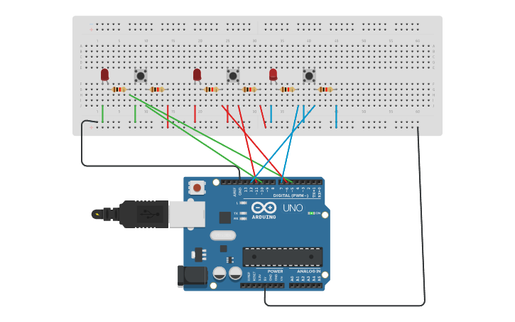 Circuit design Requerimiento 3 pulsadores - Tinkercad