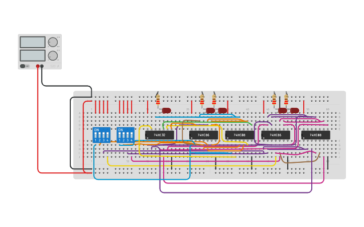 Circuit design 4 bit full adder - Tinkercad