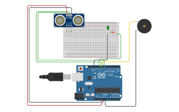 Circuit design Distance Sensor LED and Buzzer - Tinkercad