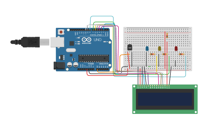Circuit design sensor de temperatura com lcd - Tinkercad