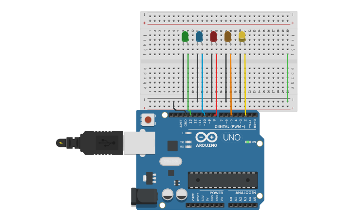 Circuit design 5 LED blinking using for loop - Tinkercad
