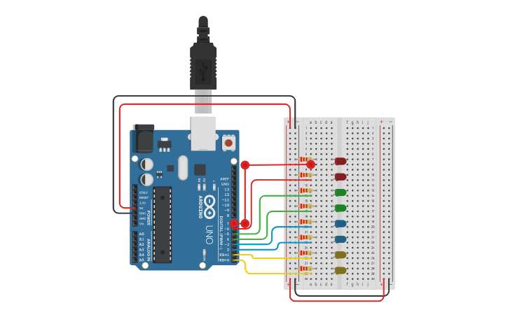 Circuit design Copy of 8 LED Chase (digitalWrite) - Tinkercad