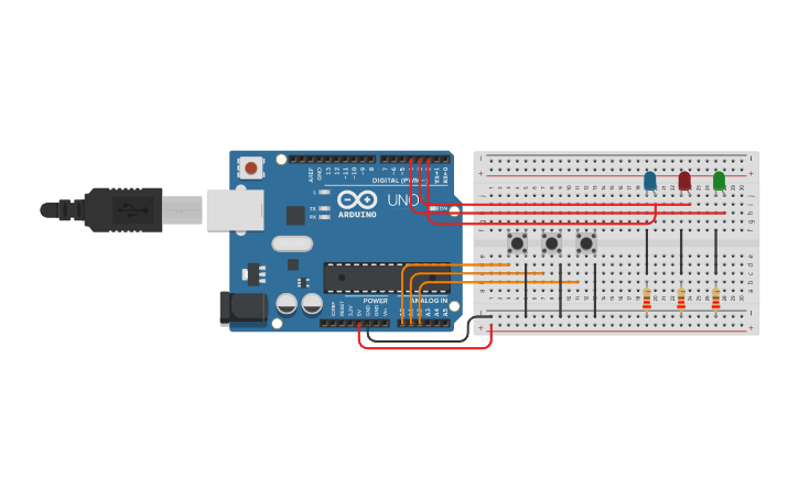Circuit design Arduino Three Push Button - Tinkercad