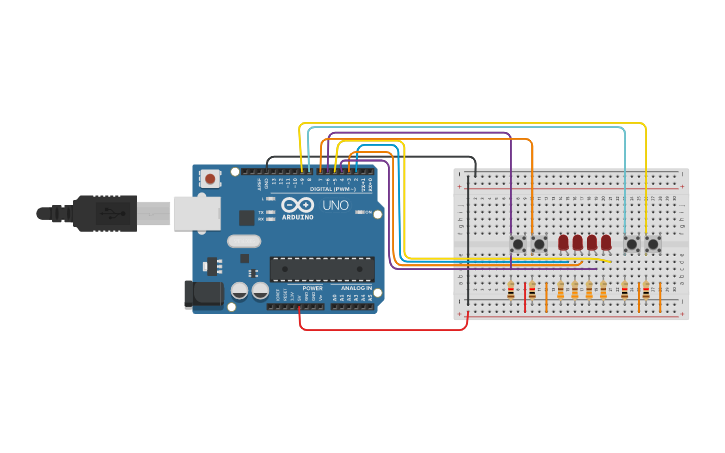 Circuit design Prender leds con Pulsadores - Tinkercad