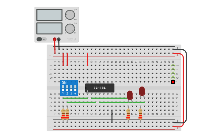 Circuit design Compuerta NOT 7404 (CIBERTEC) - Tinkercad