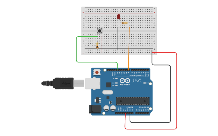 Circuit design LED AND BUTTON - Tinkercad