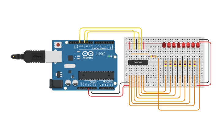 Circuit design 8 bit shift register - Tinkercad