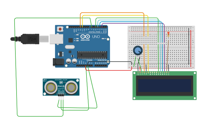Circuit design ultrasonic sensor with lcd - Tinkercad