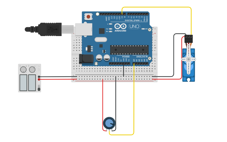 Circuit design Servo motor controlled by potentiometr - Tinkercad