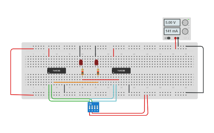 Circuit design half adder using XOR gate and AND gate - Tinkercad