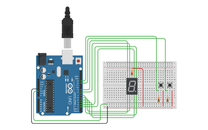 seven segment display counter using flowcode arduino... Circuit design Arduino 7 segment display counter with 2 push button UP ...