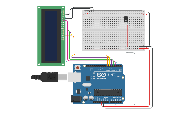 Circuit design Sensor de temperatura con pantalla LCD - Tinkercad