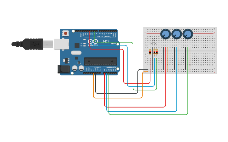 Circuit design LED RGB + 3 POTENCIOMETROS - Tinkercad